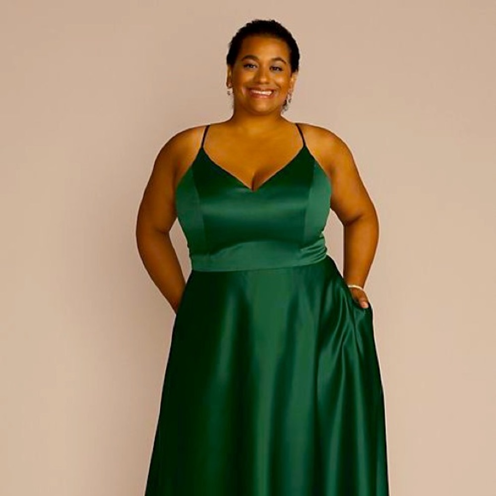 David’s Bridal Juniper Green Flattering V Neck Gown Size 18 — new with tags